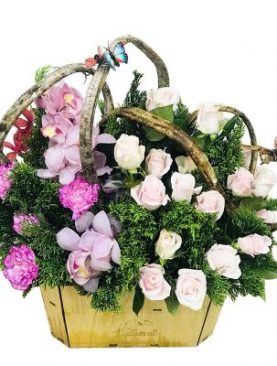 Dedicated Pink and White Roses Basket