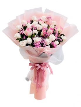 24 Pink and White Long-Stem Roses
