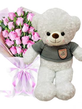 24 Red Roses and White Teddy Bear Gift Set – Ho Chi Minh City Delivery