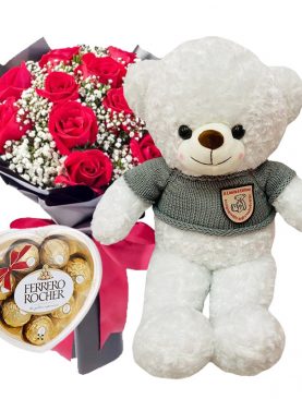 One Dozen Red Roses, Teddy Bear & Chocolate Gift Set – Saigon Only Delivery