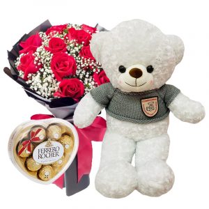 one dozen red roses bouquet with teddy bear and chocolate gift set delivered in Saigon