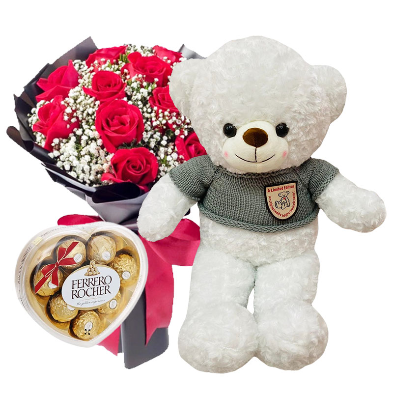 One Dozen Red Roses + White Teddy Bear + Chocolate Box (Saigon Only)