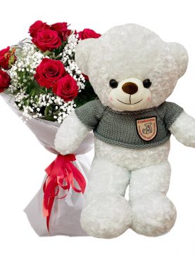 12 Red Roses with White Teddy Bear – Saigon Delivery Only