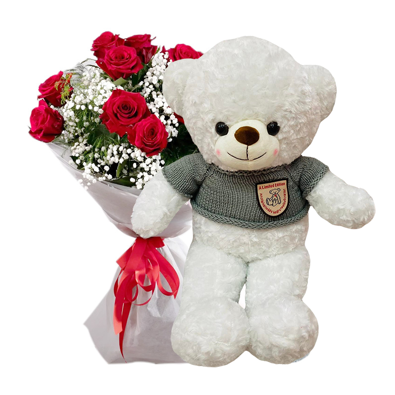 One Dozen Red Roses + White Teddy Bear (Saigon Only)