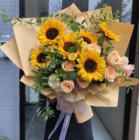 Sun Flowers and 12 Pink Roses